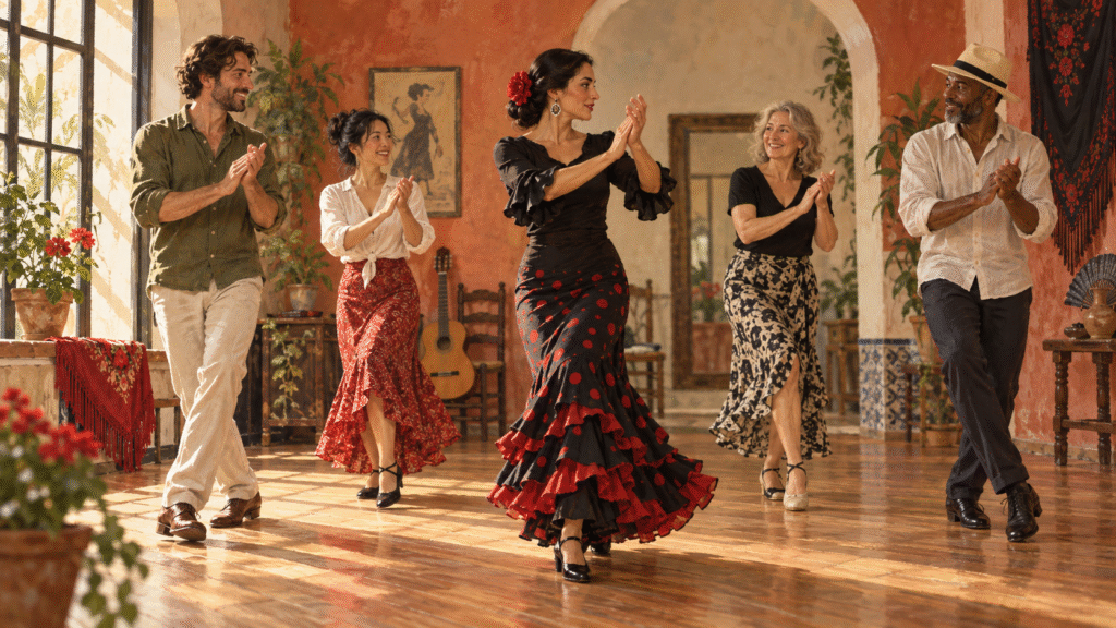 Ilustración creada con IA de una clase de flamenco con una profesora y cuatro participantes en un estudio imaginario.